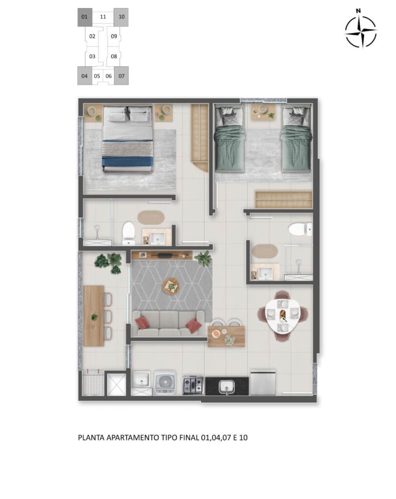 Self Residence - Planta final 1, 4, 7 e 10 – 2 quartos – 55,04 m² a 55,12 m²