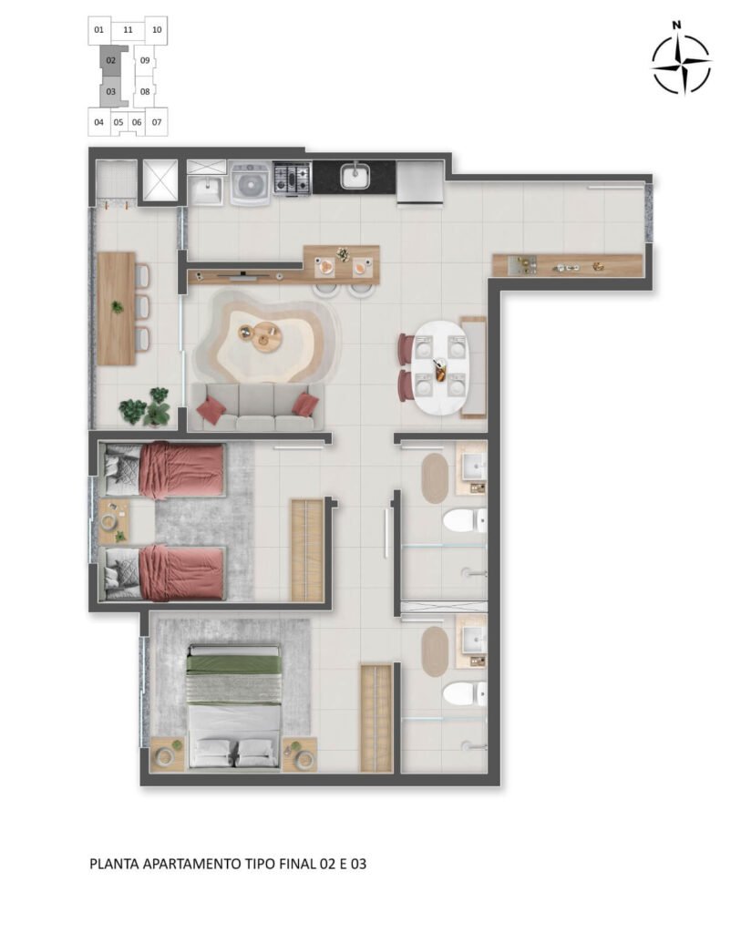 Self Residence - Planta final 2 e 3 – 2 quartos – 58,36 m²