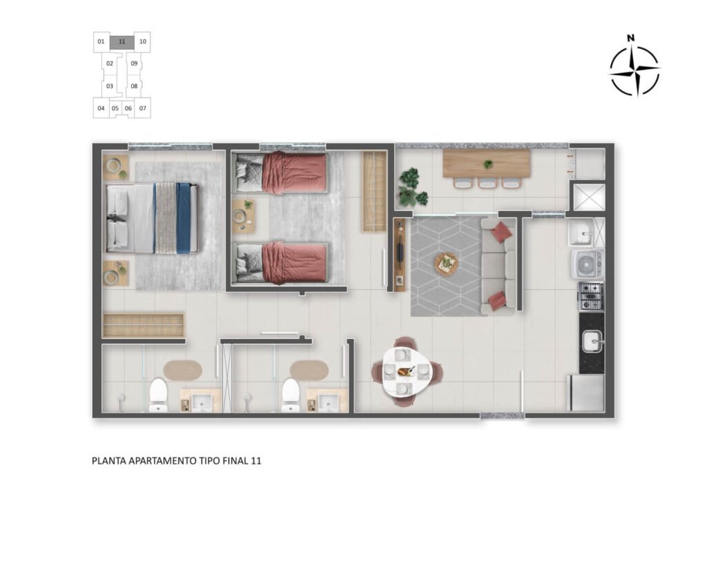 Self Residence - Planta final 11 – 2 quartos – 53,90 m²