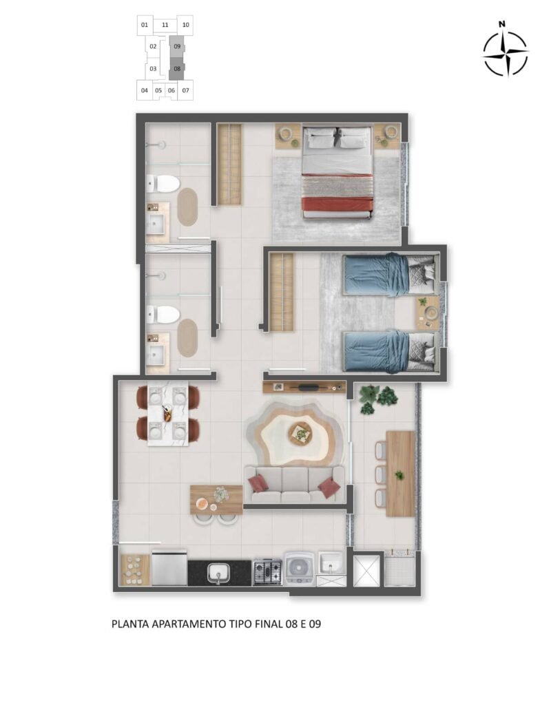 Self Residence - Planta final 8 e 9 – 2 quartos – 53,74 m² a 54,33 m²